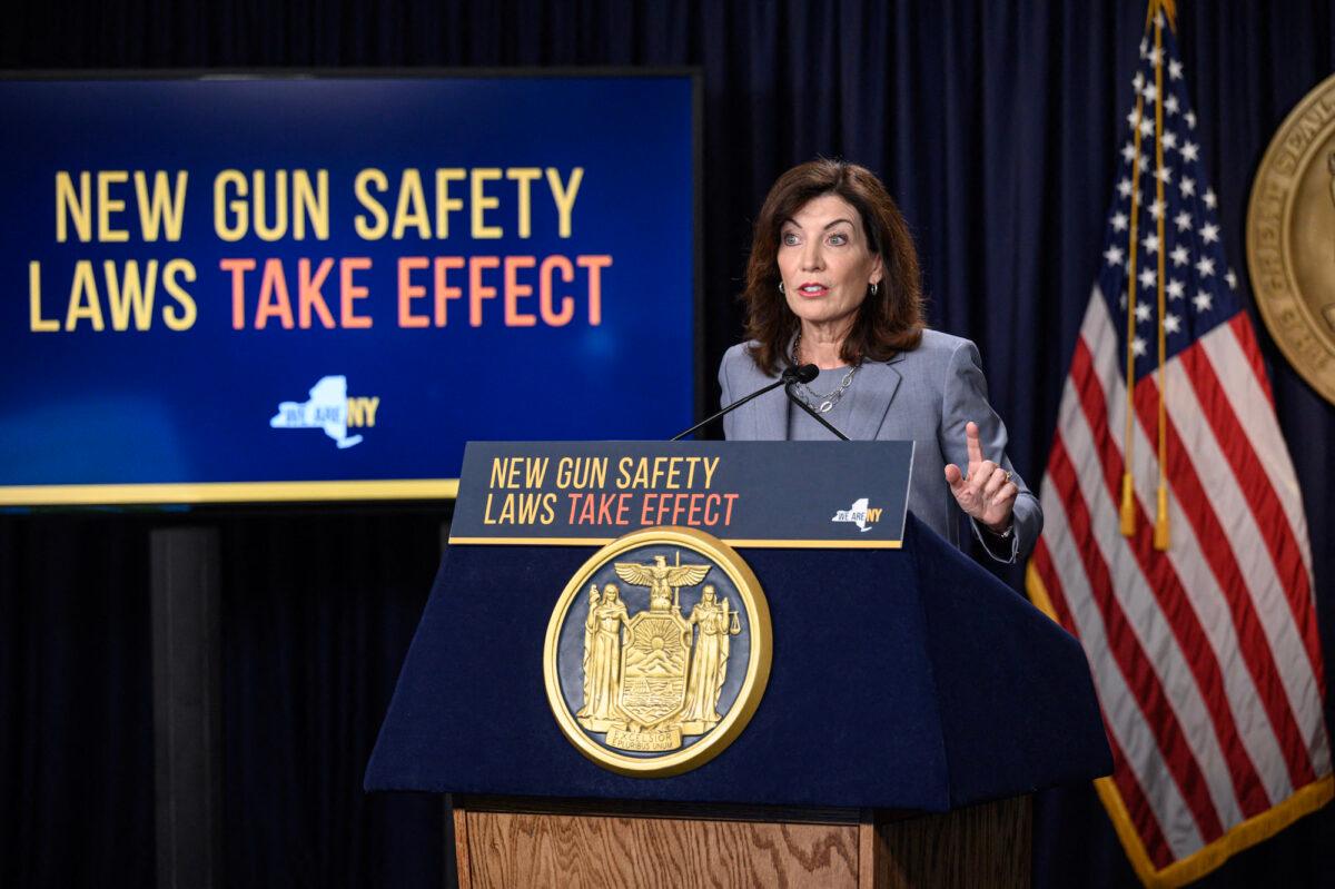 New York Gov. Kathy Hochul announces new concealed carry rules at a press conference in New York on Aug. 31, 2022. (Ed Jones/AFP via Getty Images)