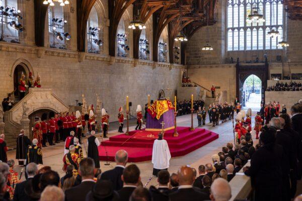 The coffin carrying Queen Elizabeth II is laid to rest for the Lying-in State in Westminster Hall, London, on Sept. 14, 2022. (Dan Kitwood/Getty Images)
