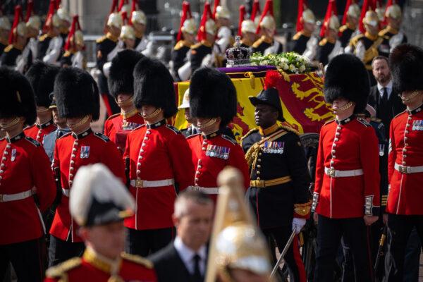 The Imperial State Crown is seen on the coffin of Queen Elizabeth II during the procession in London, on Sept. 14, 2022. (Carl Court/Getty Images)