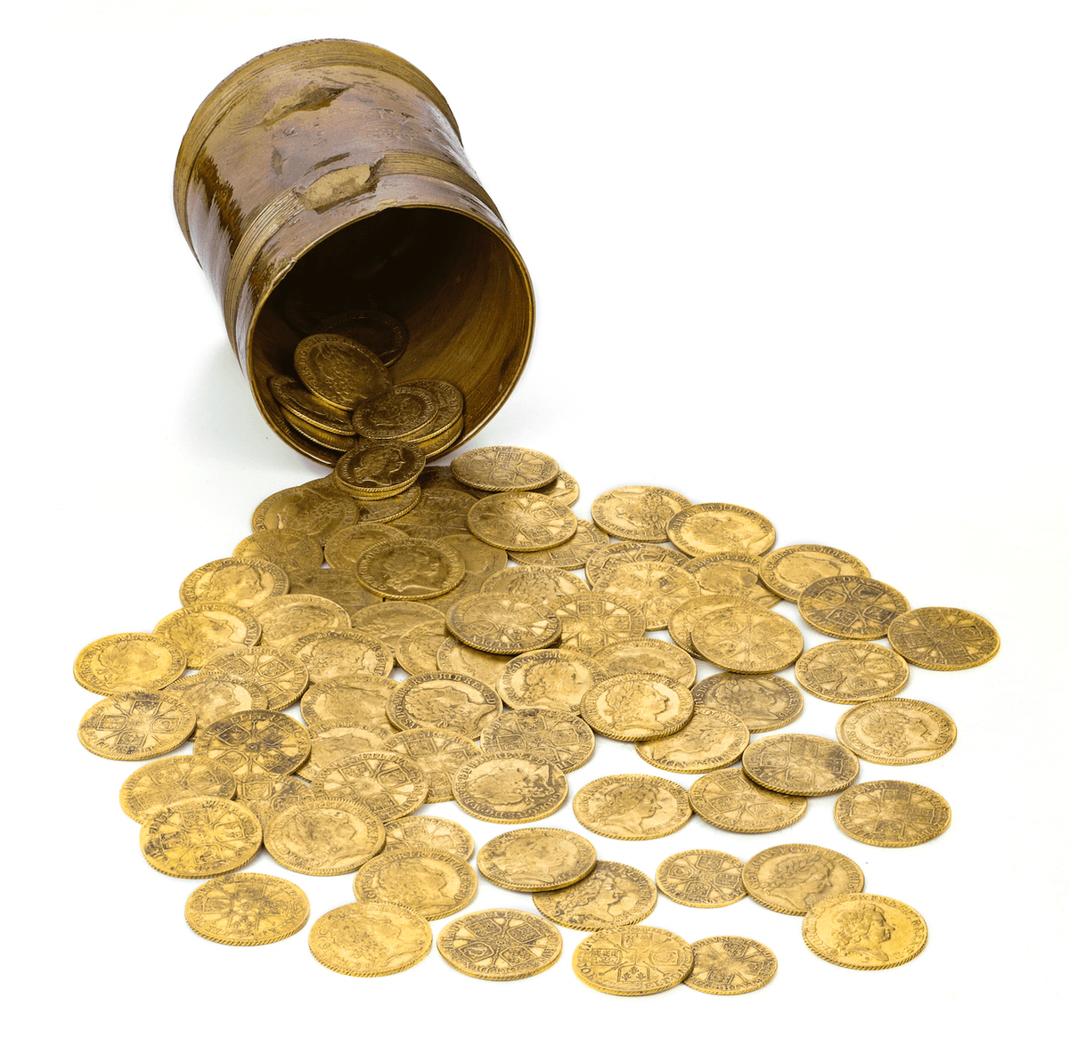 The Staffordshire-ware cup and King Charles I gold coins. (Courtesy of <a href="https://www.facebook.com/spink.auctions" target="_blank" rel="noopener">Spink & Son</a>)