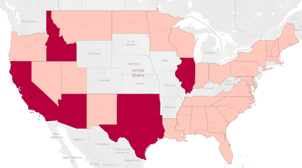 Jon Tigges visited 31 states (states in red) in addition to Virginia during his "Freedom Fire Tour" from July 20, 2022, to Aug. 31, 2022. Jon and his companion were hosted by local groups in California, Texas, Illinois, Idaho, Arizona, and Oklahoma (states in dark red). In other states, he stayed with friends of his own or of Patriot Pub members. (Terri Wu/The Epoch Times)