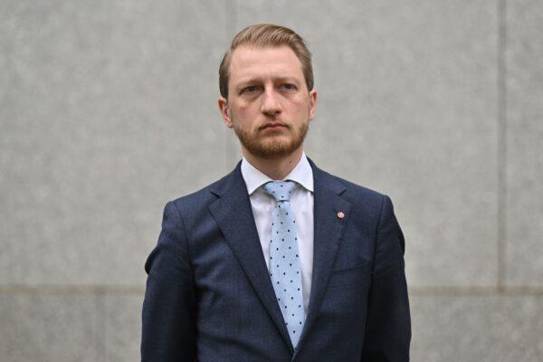 Senator James Paterson of the centre-right Liberal Party before a press conference at Parliament House in Canberra, Australia, on Sept. 5, 2022. (AAP Image/Mick Tsikas)