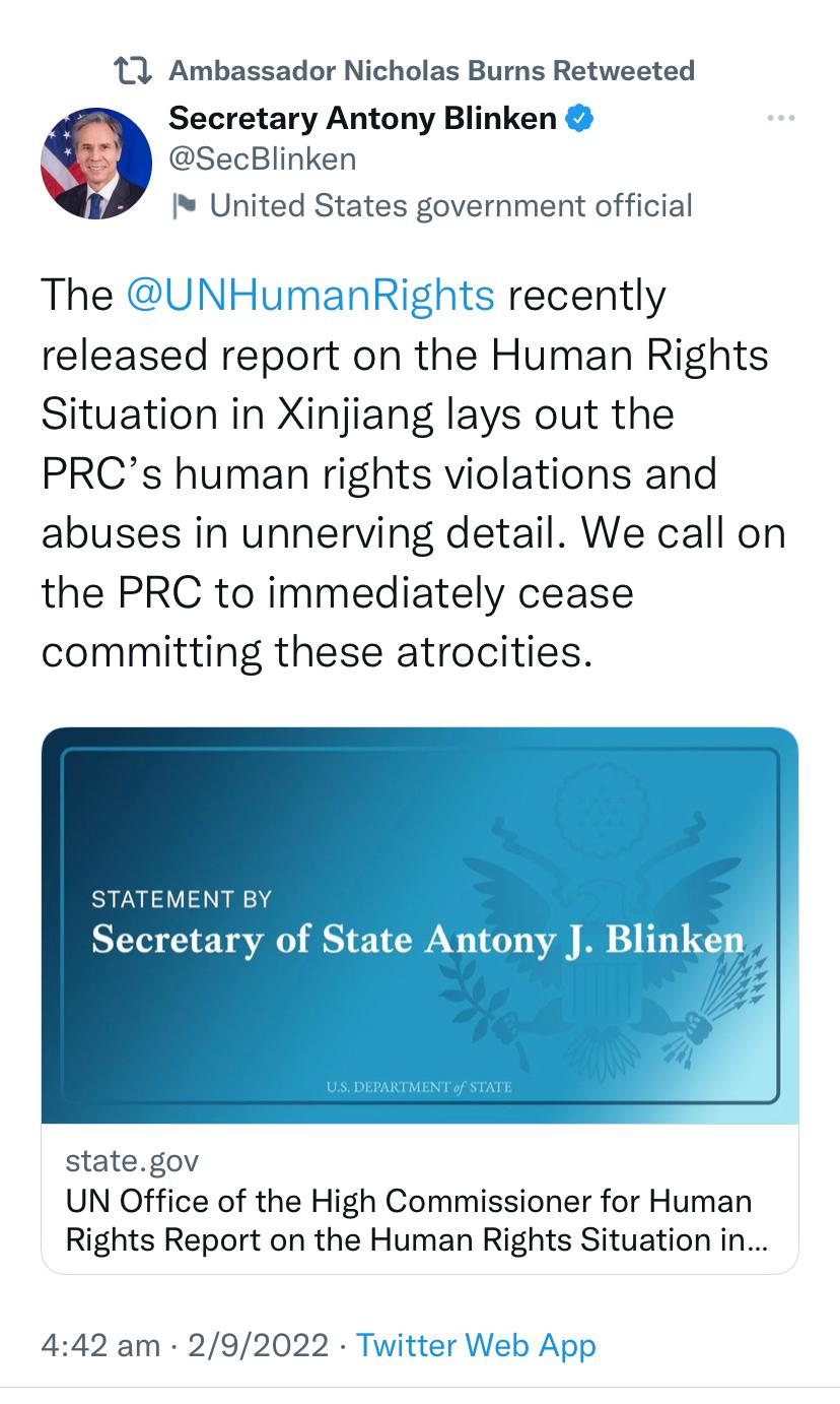 A screen capture of Ambassador Nicholas Burns re-posting U.S. Secretary of State Antony Blinken’s post on China's human rights issues. (Screenshot)