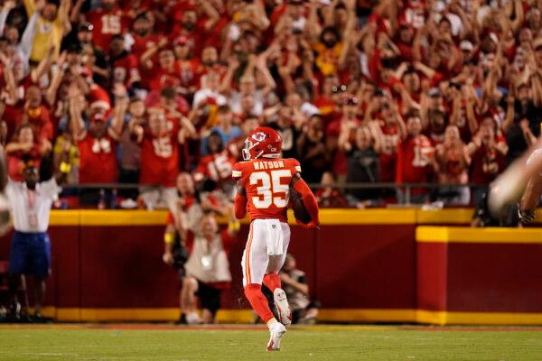 Kansas City Chiefs cornerback Jaylen Watson runs an interception back for a touchdown during the second half of an NFL football game against the Los Angeles Chargers in Kansas City, on Sept. 15, 2022. (Charlie Riedel/AP Photo)