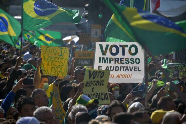 Demonstrators take part in a rally in support of Brazilian President Jair Bolsonaro and calling for a printed vote model at Paulista Avenue in Sao Paulo, Brazil, on Aug. 1, 2021. (Nelson Almeida/AFP via Getty Images)