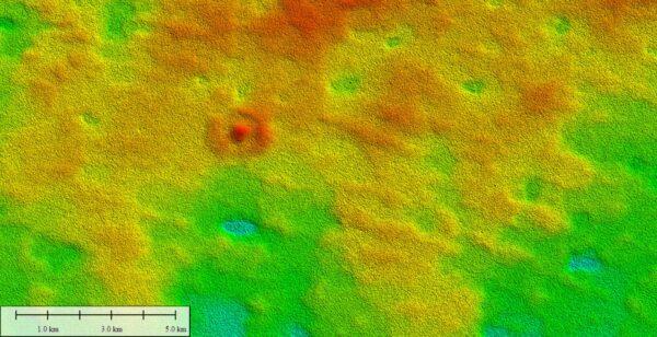  TanDEM-X Digital Elevation Model from the German Aerospace Centre. Red colours indicate higher elevations and show an unusual bulls-eye structure rising up to 10 metres (33 feet) above the surrounding plain, representing a remnant of an original biological mound from the time of deposition on the sea-floor around 14 million years ago. (Courtesy of Curtin University)