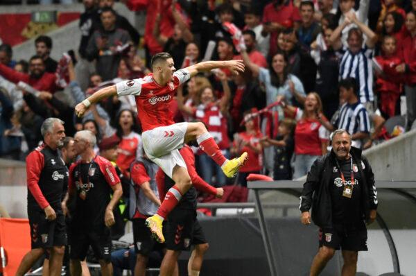 Sporting Braga's Portuguese forward Vitor Oliveira celebrates after scoring the opening goal during the UEFA Europa League, Group D, first leg football match between Sporting Braga and Union Berlin at the Municipal stadium of Braga, Portugal, on Sept. 15, 2022. (Miguel Riopa/AFP via Getty Images)