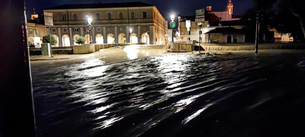 A flooded street in Senigallia, Italy, on Sept. 16, 2022. (Enea Discepoli/ Reuters)