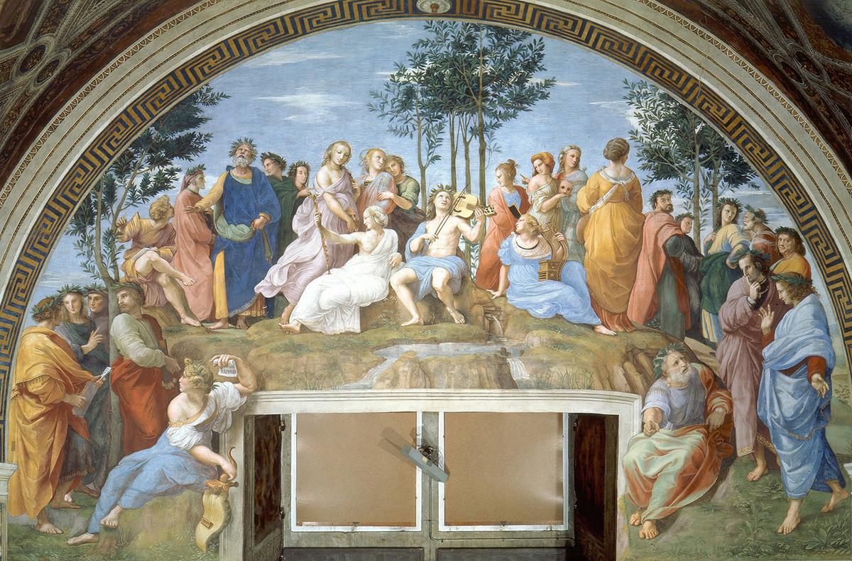 "The Parnassus," 1511, by Raphael. Fresco in the Stanza della Segnatura. Apostolic Palace, Vatican City. (Public Domain)