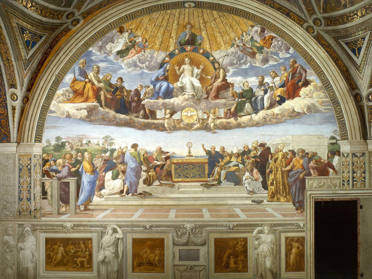 "Disputation of the Holy Sacrament," 1509, by Raphael. Fresco in the Stanza della Segnatura. Apostolic Palace, Vatican City. (Public Domain)