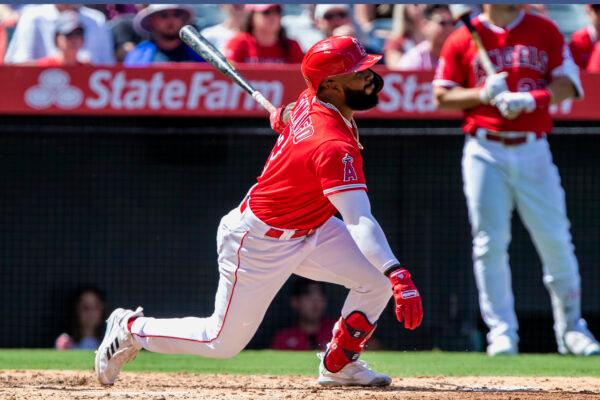 Los Angeles Angels' Luis Rengifo watches his two-run home run, his second of the game, against the Seattle Mariners during the third inning of a baseball game in Anaheim, Calif., on Sept. 18, 2022. (Alex Gallardo/AP Photo)