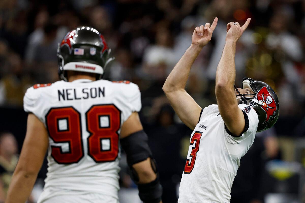 Tampa Bay Buccaneers place kicker Ryan Succop celebrates after a field goal against the New Orleans Saints during the first half of an NFL football game in New Orleans on Sept. 18, 2022. (Butch Dill/AP Photo)