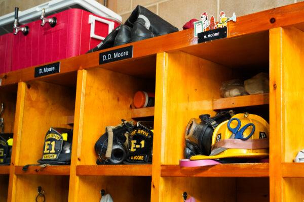 Lockers of several Moore family members at Neversink Engine Company in Port Jervis, N.Y., on Sept. 9, 2022. (Cara Ding/The Epoch Times)