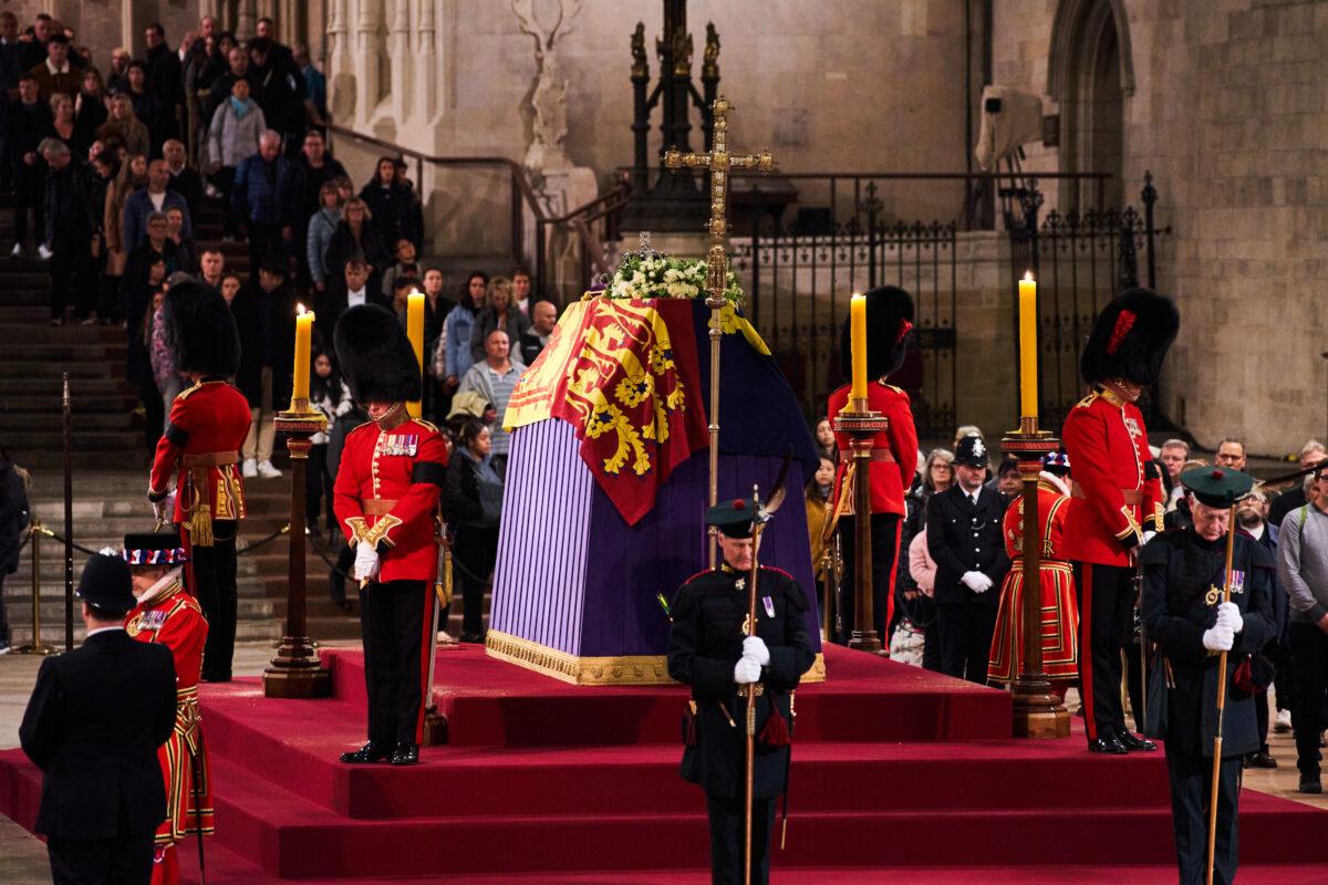 The coffin of Her Majesty Queen Elizabeth II, draped with the Royal Standard, placed on top of a catafalque at the lying-in-state in Westminster Hall in London on Sept. 18, 2022. (Courtesy of Howard Cheng)