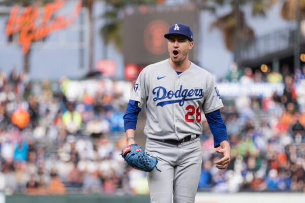 Los Angeles Dodgers pitcher Andrew Heaney reacts after ending the inning with San Francisco Giants runners on second and third base during the fourth inning of a baseball game in San Francisco, on Sept. 18, 2022. (John Hefti/AP Photo)