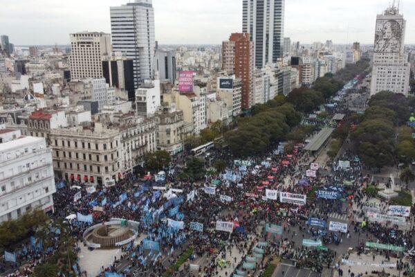 Aerial view of the 9 de Julio avenue during a demonstration against inflation, held by the General Confederation of Labor (CGT), in Buenos Aires, Argentina, on Aug. 17, 2022. (Magali Cervantes/AFP via Getty Images)