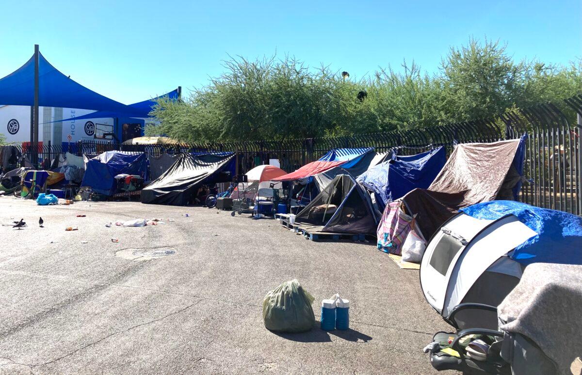 A row of tents on 12th Street in Phoenix in an area known as "the Zone" on Sept. 18. (Allan Stein/The Epoch Times)