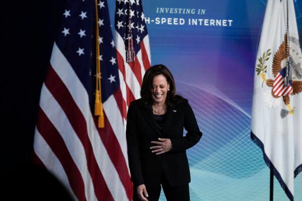 Vice President Kamala Harris laughs after answering a question from the press during an event on high-speed internet access at the White House complex on June 3, 2021. (Photo by Drew Angerer/Getty Images)