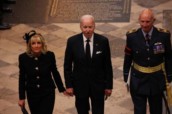 U.S. President Joe Biden and First Lady Jill Biden attend the state funeral of Queen Elizabeth II at Westminster Abbey, London, on Sept. 19, 2022. (Jack Hill- WPA Pool/Getty Images)