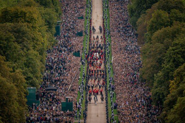 The Ceremonial Procession of the coffin of Queen Elizabeth II travels down the Long Walk as it arrives at Windsor Castle for the Committal Service at St. George's Chapel, in London, on Sept. 19, 2022. (Aaron Chown/PA Media)