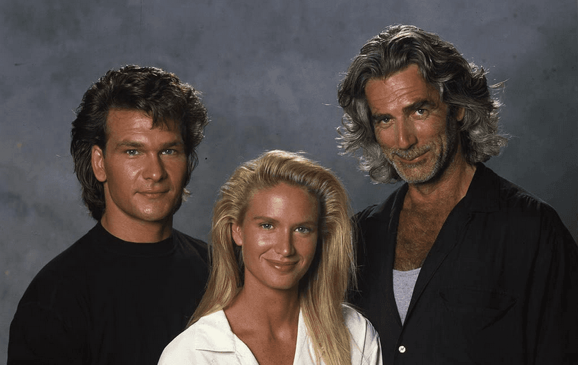 (L–R) Dalton (Patrick Swayze), Dr. Elizabeth Clay (Kelly Lynch), and Wade Garrett (Sam Elliott) pose for a publicity shot for "Road House." (United Artists)