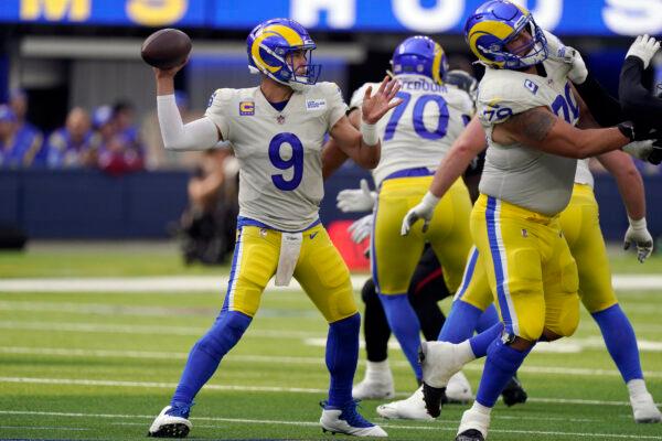Los Angeles Rams quarterback Matthew Stafford throws a pass during the second half of an NFL football game against the Atlanta Falcons in Inglewood, Calif., on Sept. 18, 2022. (Mark J. Terrill/AP Photo)