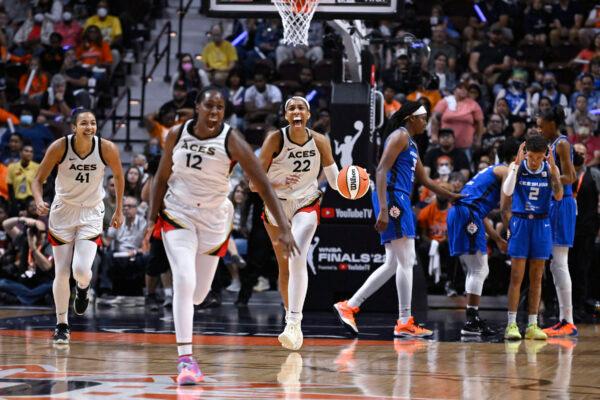 The Las Vegas Aces celebrate their win in the WNBA basketball finals against the Connecticut Sun in Uncasville, Conn., on Sept. 18, 2022. (Jessica Hill/AP Photo)