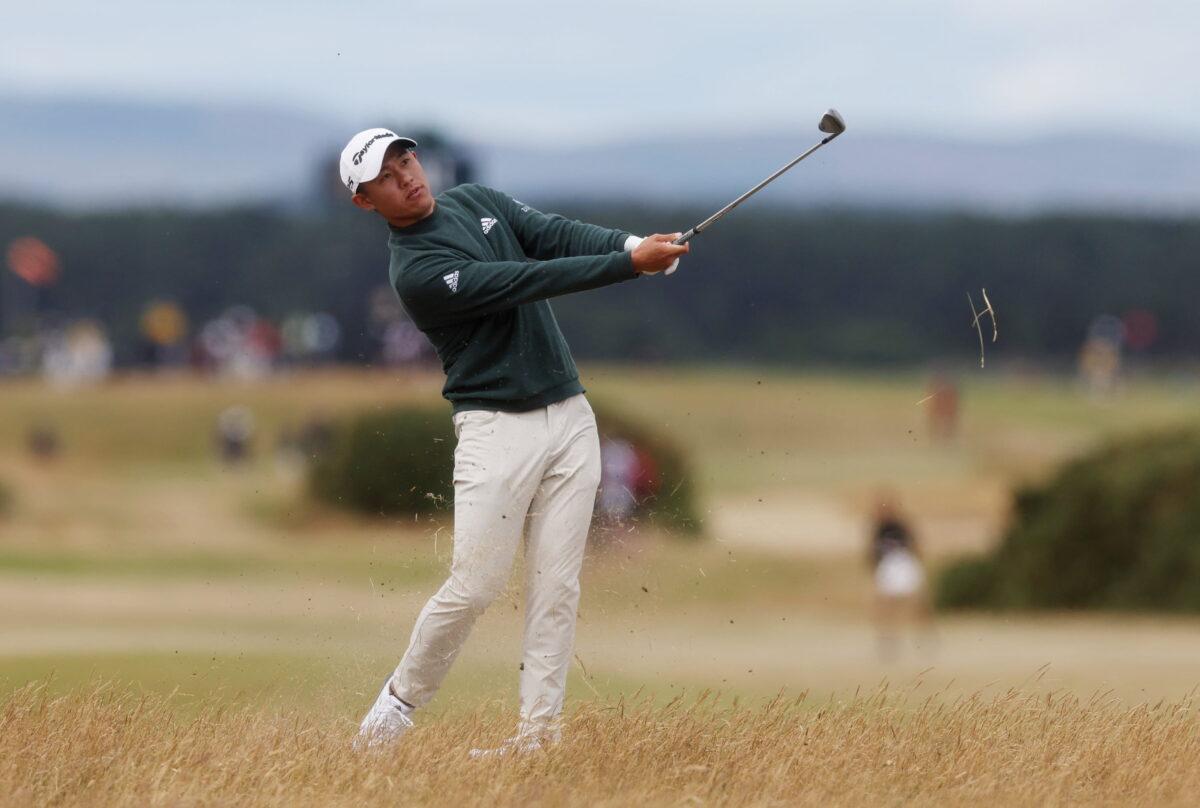 Collin Morikawa of the United States plays a shot during the first round of the 150th Open at St Andrews Old Course in St Andrews, Scotland, on July 14, 2022. (Paul Childs/Reuters)