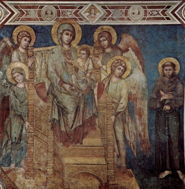 A fresco to the right of the lower church’s high altar depicts the Virgin Mary and Christ as a child, surrounded by saints. In the right corner, St. Francis is shown. This painting is by the famous Florentine artist Cimabue, who was Giotto’s teacher. As such, this basilica saw the beginnings of a new artistic movement. This specific painting is known as the “Maestà,” which means “majesty.” Maestà refers to any Medieval and Renaissance religious painting depicting the Virgin with Christ as a child, surrounded by angels or saints. (Public Domain)