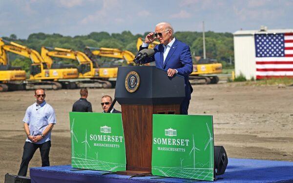 President Joe Biden delivers remarks in Somerset, Mass., on July 20, 2022. (David L. Ryan/The Boston Globe via Getty Images)