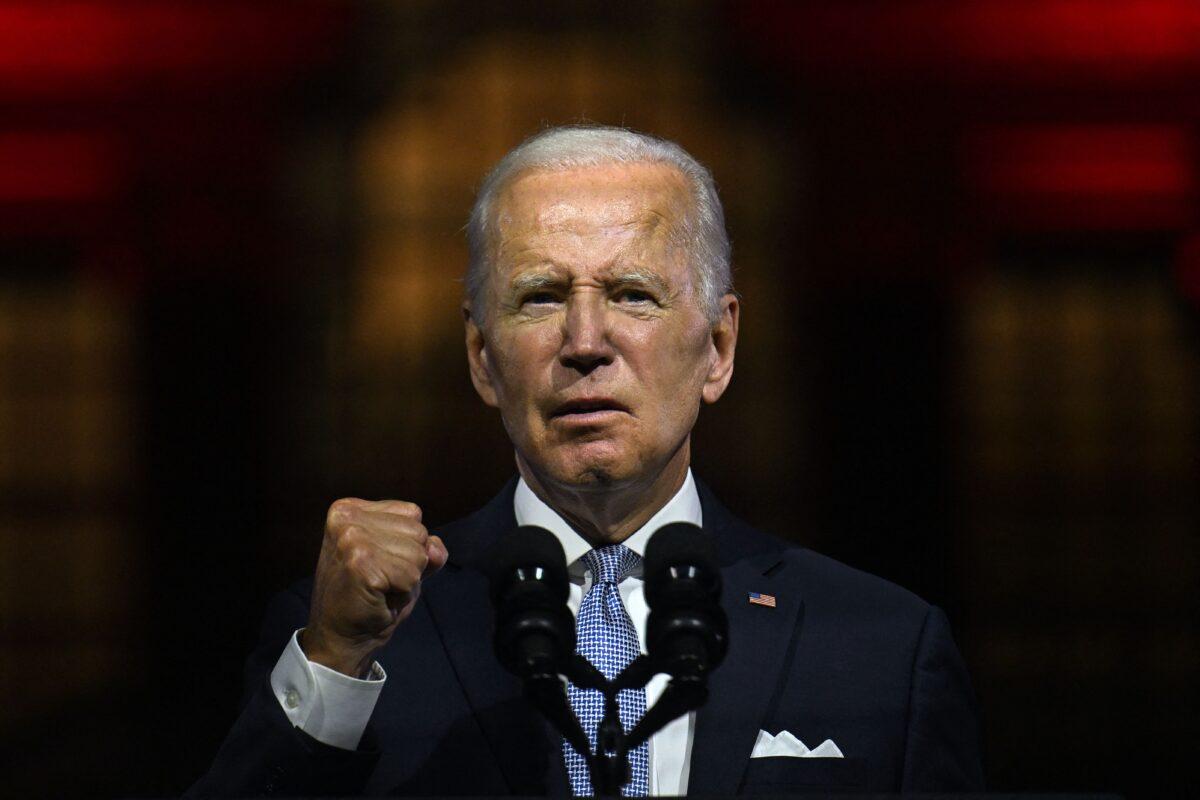 President Joe Biden speaks about the soul of the nation, outside of Independence National Historical Park in Philadelphia, Pa., on Sept. 1, 2022. (Jim Watson/AFP via Getty Images)
