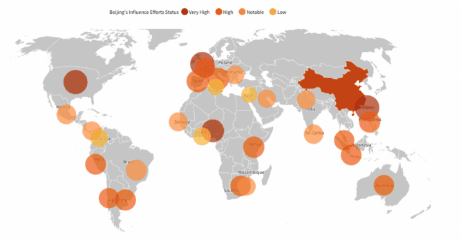 Freedom House report "Beijing's Global Media Influence 2022" showing a map of Beijing expanding its global media footprint. (Freedom House/Screenshot via The Epoch Times)