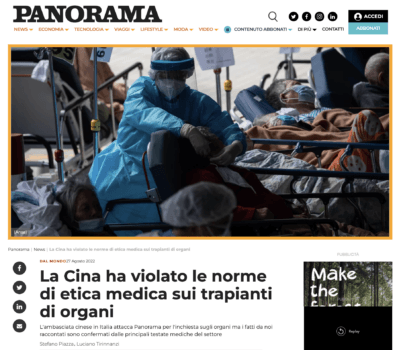 The article by Panorama, dated August 27, 2022, rejecting the request from the Chinese Embassy in Italy, stating that China violated ethics in its transplant practices.  (Panormama/Screenshot via The Epoch Times)
