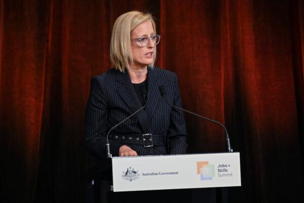 Australian Finance Minister Katy Gallagher speaks at Parliament House in Canberra, Australia, on Sept. 1, 2022. (Martin Ollman/Getty Images)