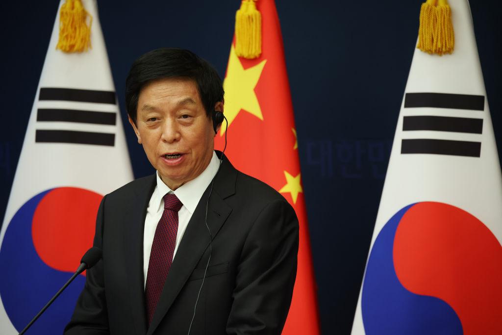 China's National People's Congress Standing Committee Chairman Li Zhanshu speaks during a joint news conference with South Korea's National Assembly Speaker Kim Jin-pyo at the National Assembly on Sept. 16, 2022, in Seoul, South Korea. (Kim Hong-Ji/Pool/Getty Images)