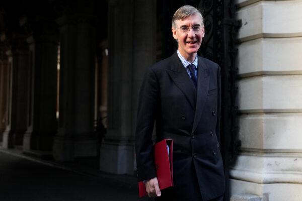 British Business Secretary Jacob Rees-Mogg arrives in Downing Street for the first cabinet meeting after Liz Truss took office as the new prime minister, in London, on Sept. 7, 2022. (Carl Court/Getty Images)
