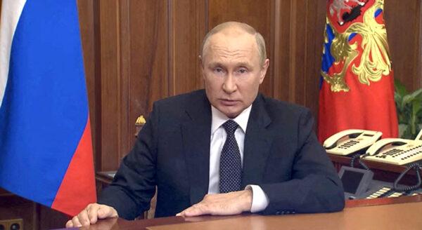 Russian President Vladimir Putin makes an address on the conflict with Ukraine, in Moscow, on Sept. 21, 2022, in this still image from video. (Russian Presidential Press Service/Kremlin via Reuters)