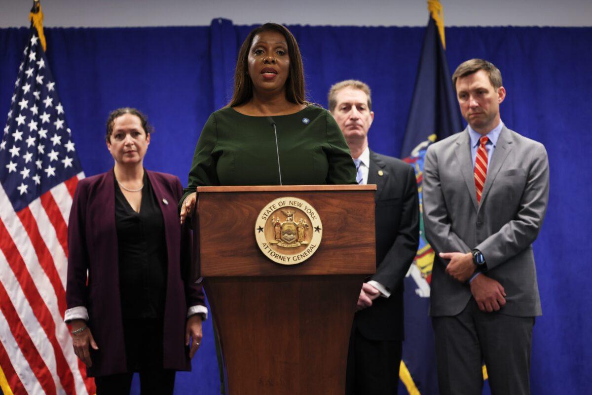 New York Attorney General Letitia James speaks during a press conference at the office of the attorney general in New York on Sept. 21, 2022. (Michael M. Santiago/Getty Images)