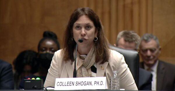In this image taken from a video, Colleen Shogan, nominee for U.S. archivist, speaks in Washington on Sept. 21, 2022. (Senate Homeland Security and Governmental Affairs Committee via The Epoch Times)