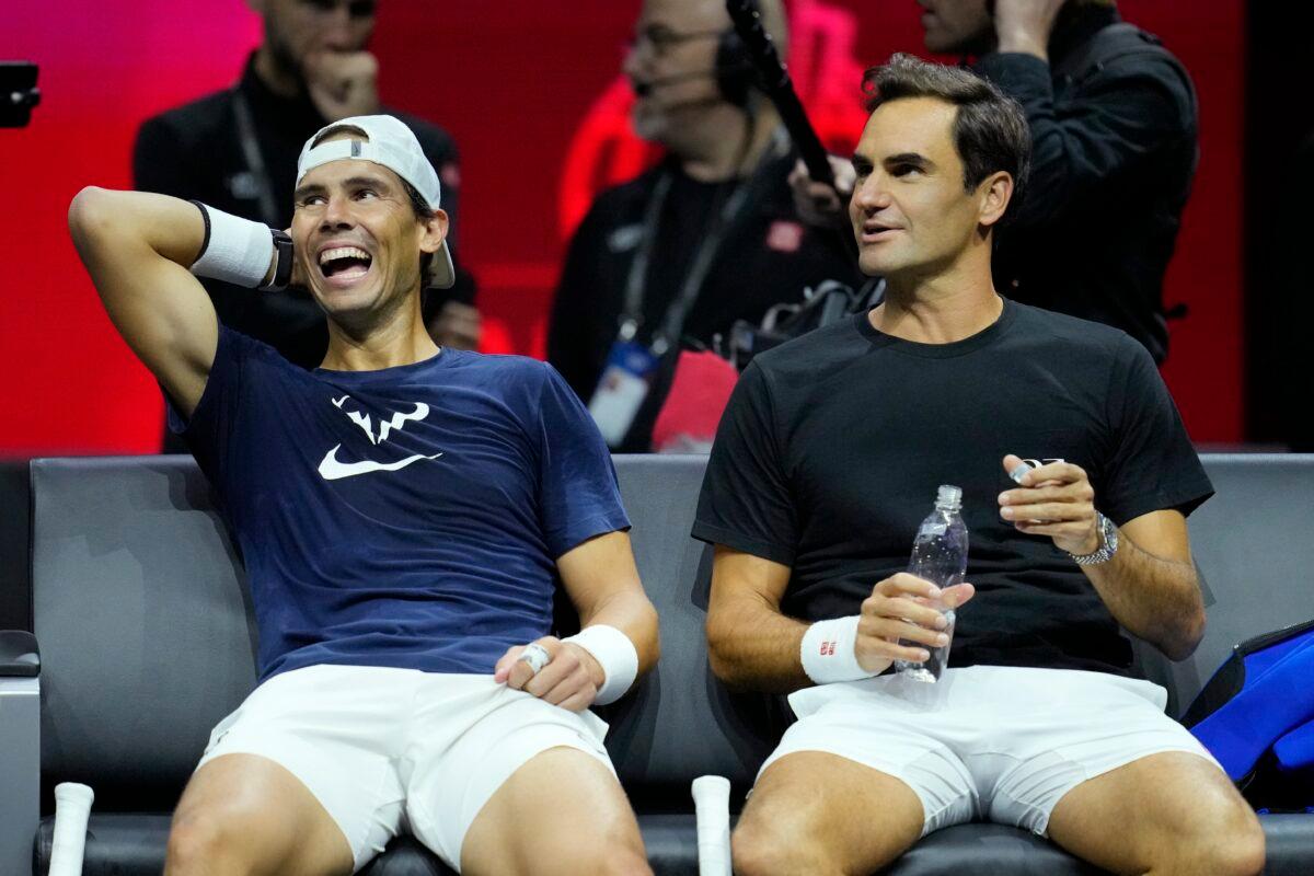 Switzerland's Roger Federer (R) and Spain's Rafael Nadal attend a training session ahead of the Laver Cup tennis tournament at the O2 in London on Sept. 22, 2022. (Kin Cheung/AP Photo)