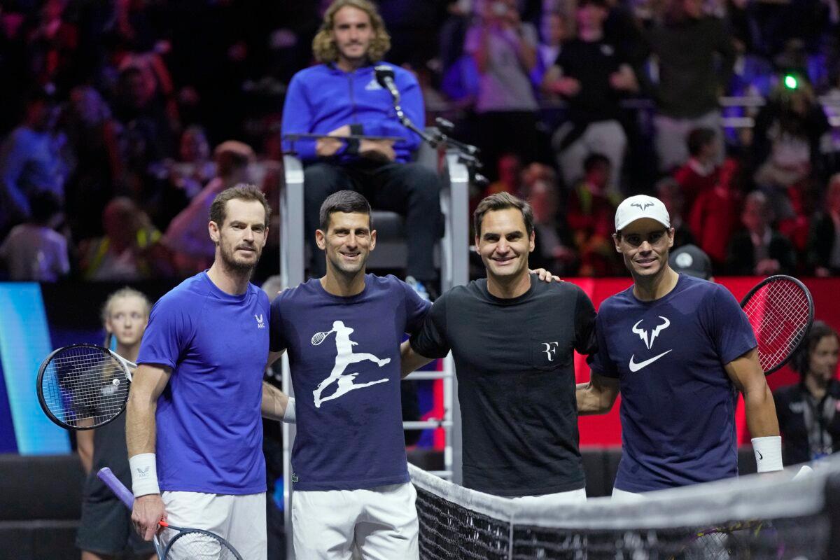(L–R) Britain's Andy Murray, Serbia's Novak Djokovic, Switzerland's Roger Federer, and Spain's Rafael Nadal attend a training session ahead of the Laver Cup tennis tournament at the O2 in London on Sept. 22, 2022. (Kin Cheung/AP Photo)