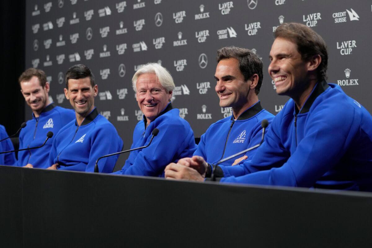 (L–R) Britain's Andy Murray, Serbia's Novak Djokovic, Captain Björn Borg, Switzerland's Roger Federer, and Spain's Rafael Nadal attend a press conference ahead of the Laver Cup tennis tournament at the O2 in London on Sept. 22, 2022. (Kin Cheung/AP Photo)