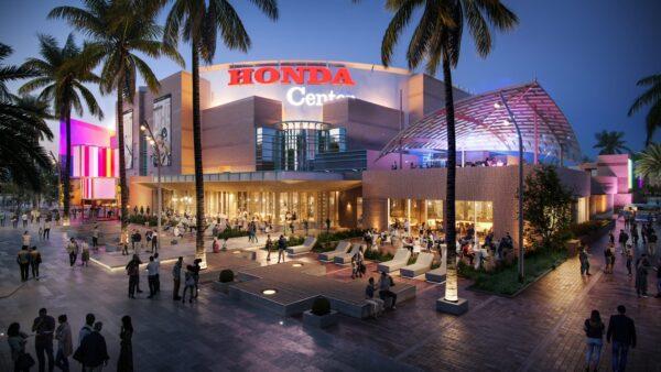 A rendered image of the OC Vibe entertainment, food, and housing project proposed by Anaheim Ducks hockey team owners Henry and Susan Samueli to be built around the Honda Center in Anaheim, Calif. (Courtesy of OC Vibe)