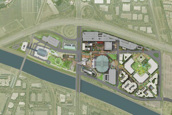 A site plan of the OC Vibe entertainment, food, and housing project proposed by Anaheim Ducks hockey team owners Henry and Susan Samueli to be built around the Honda Center in Anaheim, Calif. (Courtesy of OC Vibe)