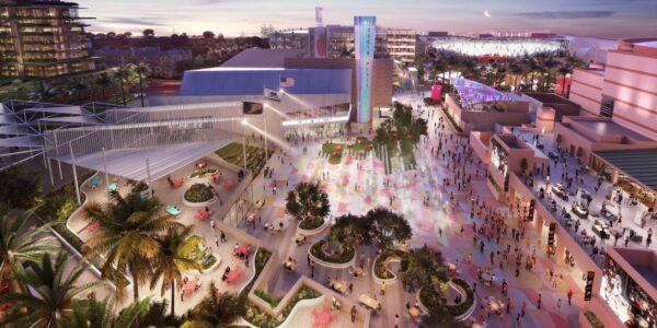 A rendered image of the OC Vibe entertainment, food, and housing project proposed by Anaheim Ducks hockey team owners Henry and Susan Samueli to be built around the Honda Center in Anaheim, Calif. (Courtesy of OC Vibe)