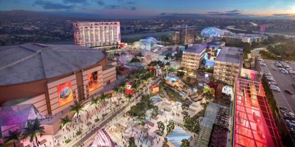 A rendered image of the OCVibe entertainment, food, and housing project proposed by Anaheim Ducks hockey team owners Henry and Susan Samueli to be built around the Honda Center in Anaheim, Calif. (Courtesy of OCVibe)
