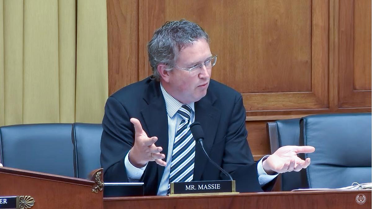 Rep. Thomas Massie (R-Ky.) explains why his resolution seeking information on Ray Epps is too important to be "memory-holed." (House Judiciary Committee/Screenshot via The Epoch Times)