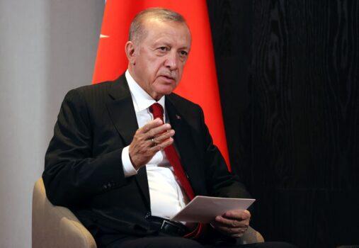 Turkish President Recep Tayyip Erdogan in Samarkand, Uzbekistan, on Sept. 16, 2022. (Alexandr Demyanchuk/SPUTNIK/AFP via Getty Images)