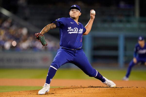 Los Angeles Dodgers starting pitcher Julio Urias (7) throws during the first inning of a baseball game against the Arizona Diamondbacks in Los Angeles, on Sept. 22, 2022. (Ashley Landis/AP Photo)