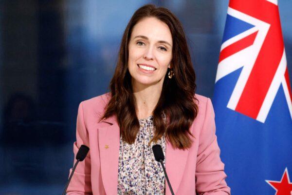 New Zealand Prime Minister Jacinda Ardern holds a press conference with French President Emmanuel Macron (out of frame) following talks on the sidelines of the 77th session of the United Nations General Assembly at UN headquarters in New York on Sept. 20, 2022. (Ludovic Marin / AFP via Getty Images)